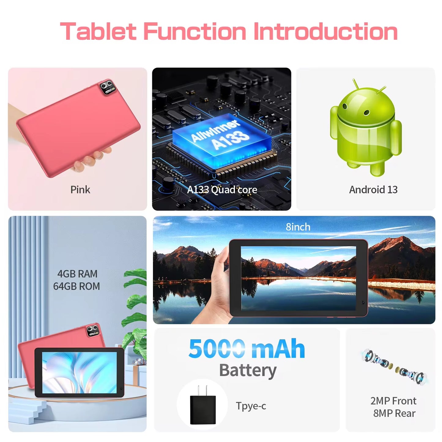 8 Inch Tablet Android 13, 8GB(4+4 Expand) RAM 64GB ROM,1TB Expand,1280X800 IPS Screen 5000MAH Battery,Dual Camera, Wifi